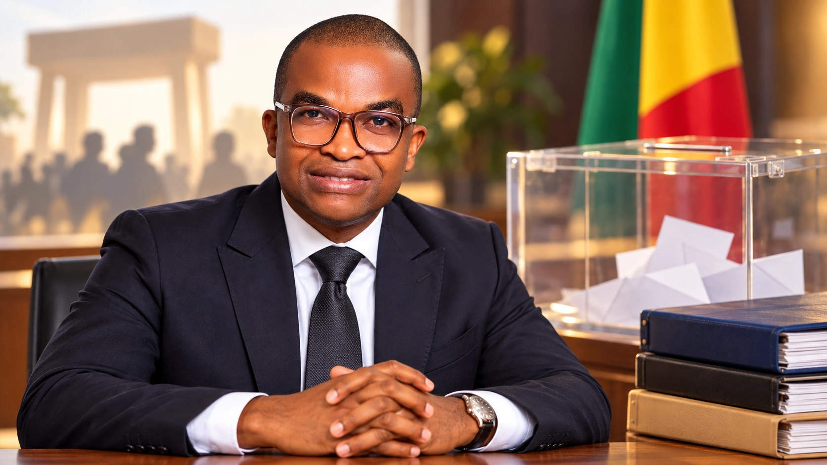 Portrait éditorial généré de Renaud Agbodjo avec une urne et des dossiers évoquant les élections béninoises.