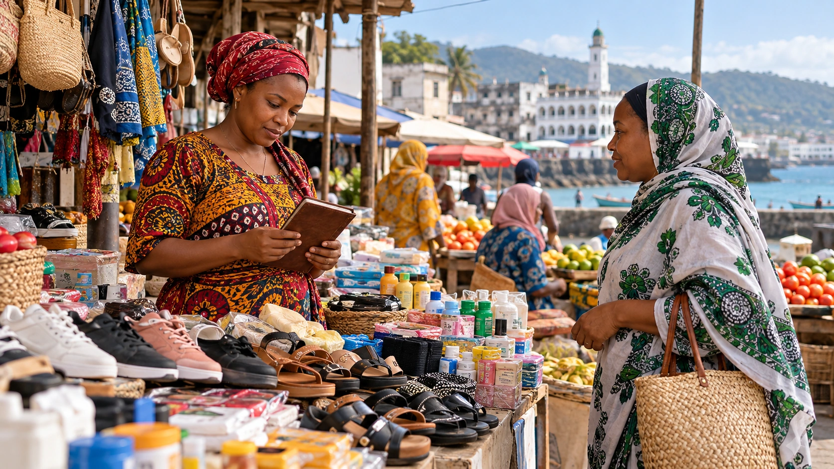 Scène fictive de deux femmes commerçant dans un marché inspiré de Moroni, aux Comores.