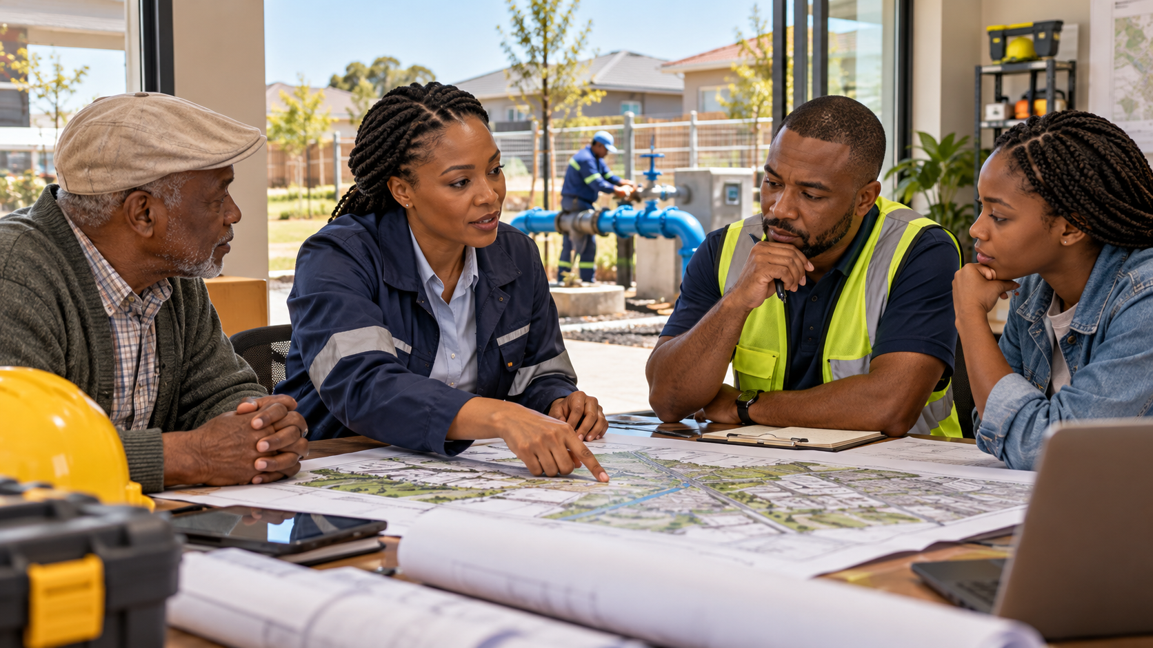 Une ingénieure, un agent municipal et deux habitants discutent des services urbains autour d’un plan dans un centre municipal sud-africain. Scène fictive.