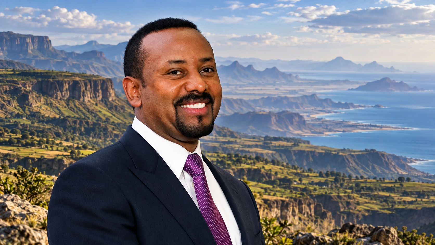 Portrait éditorial généré d’Abiy Ahmed avec une évocation conceptuelle des hauts plateaux et d’un littoral de la Corne de l’Afrique.