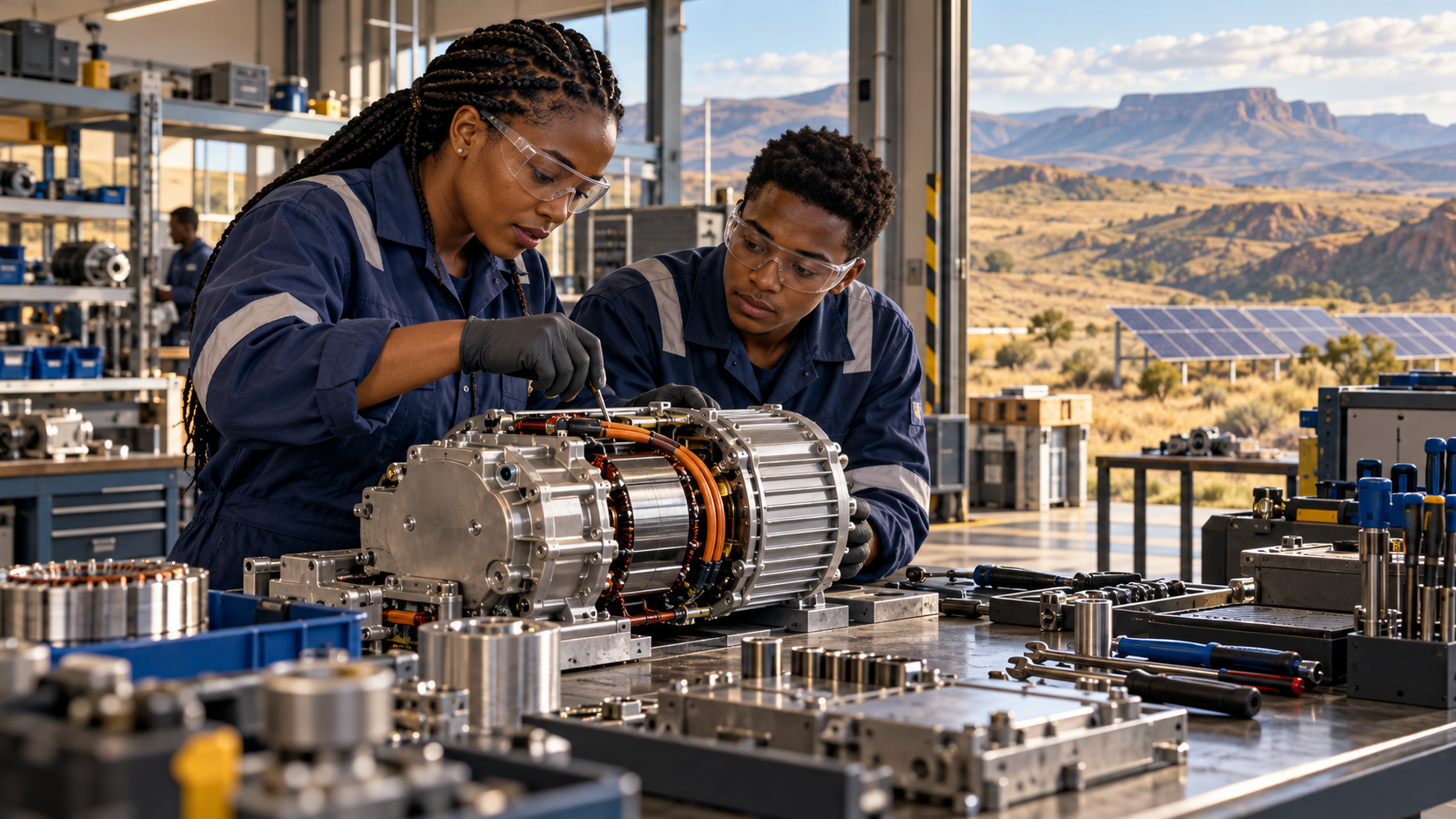 Une ingénieure et un jeune technicien examinent un module de motorisation électrique dans un atelier de l’État-Libre sud-africain. Scène fictive.