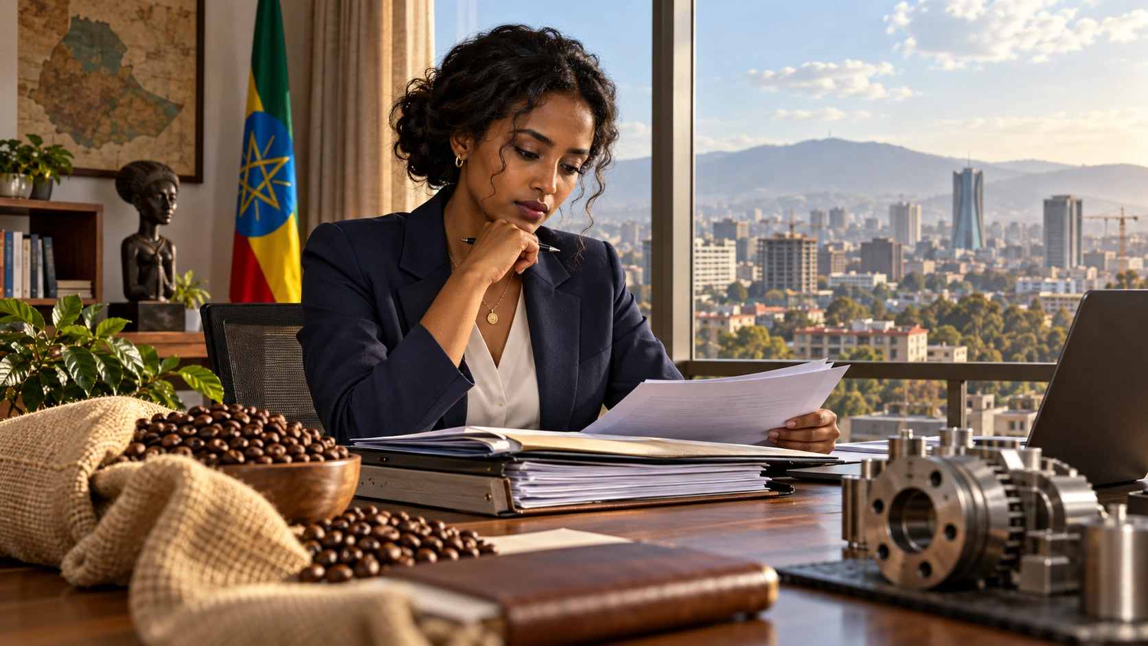 Économiste éthiopienne fictive examinant un dossier financier avec du café et un composant industriel dans un bureau à Addis-Abeba.