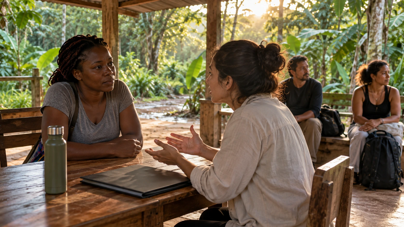 Illustration de synthèse : échange fictif entre une femme noire et une interprète dans un espace d’accueil tropical évoquant le Darién.
