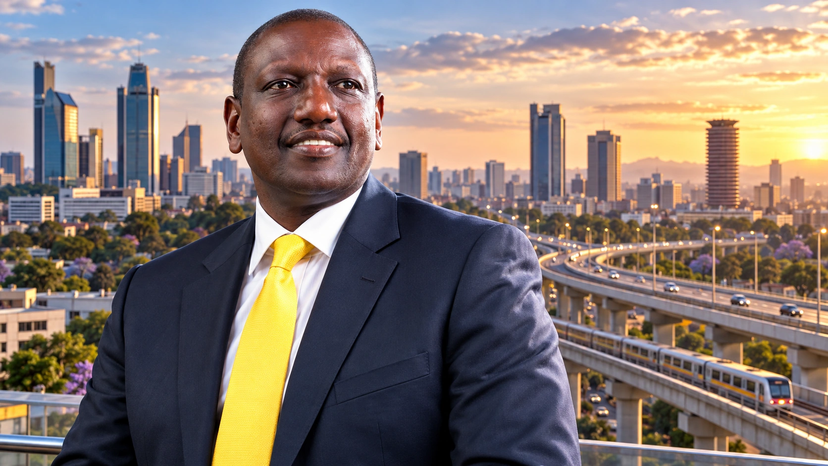 Portrait éditorial généré de William Ruto avec une évocation conceptuelle de Nairobi et d’infrastructures publiques.