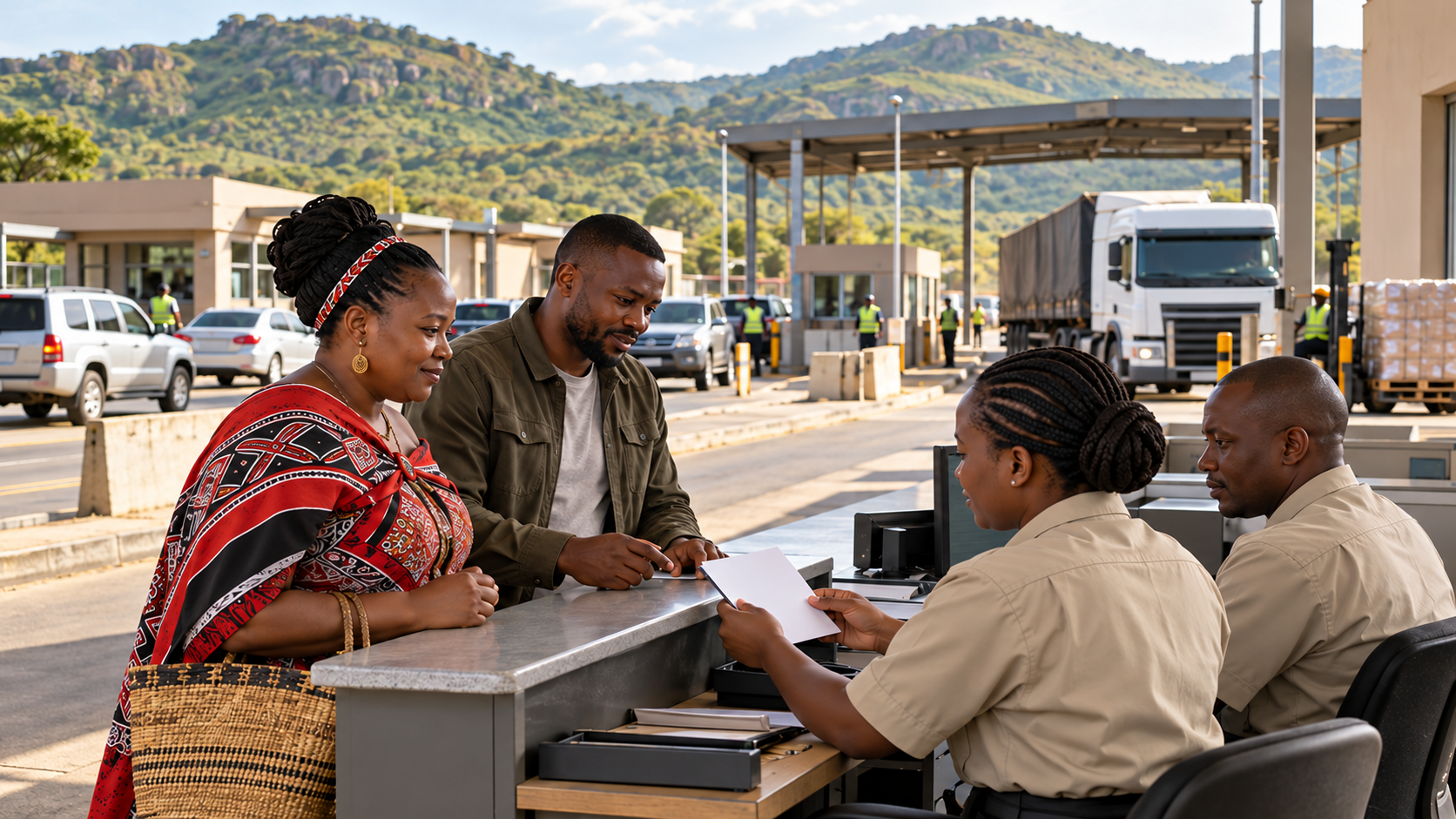 Une commerçante et un conducteur échangent avec des agents administratifs dans un passage frontalier inspiré d’Oshoek–Ngwenya. Scène fictive.