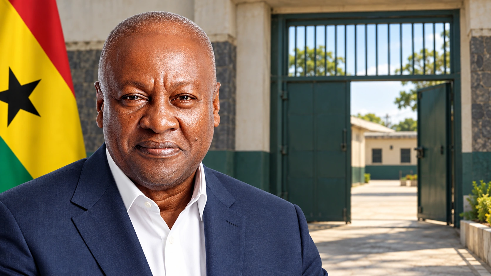 Portrait éditorial généré de John Dramani Mahama avec une architecture pénitentiaire générique en arrière-plan.
