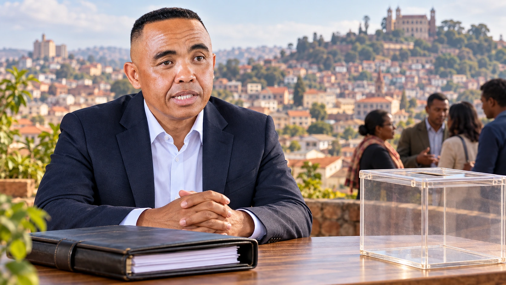 Portrait éditorial généré de Michaël Randrianirina avec des dossiers juridiques, une urne vide et une évocation d’Antananarivo.