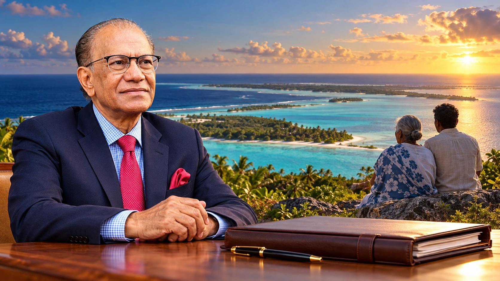 Portrait éditorial généré de Navin Ramgoolam avec un atoll conceptuel et deux adultes chagossiens fictifs regardant l’horizon.