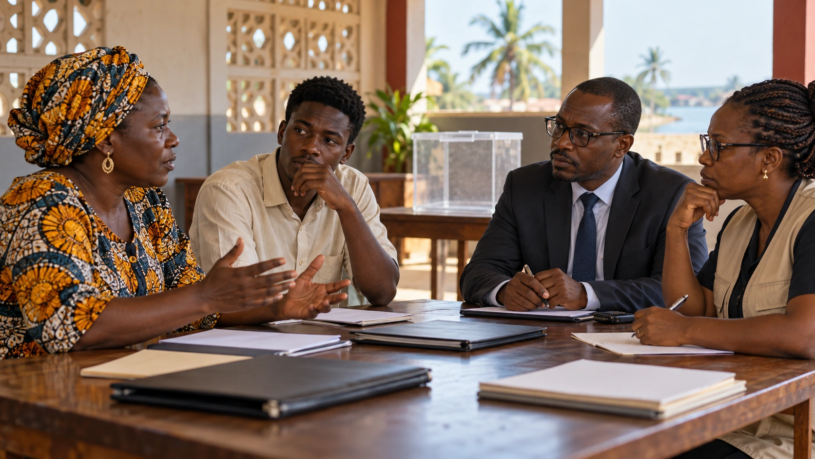 Scène fictive de concertation civique à Bissau, avec des dossiers et une urne vide.