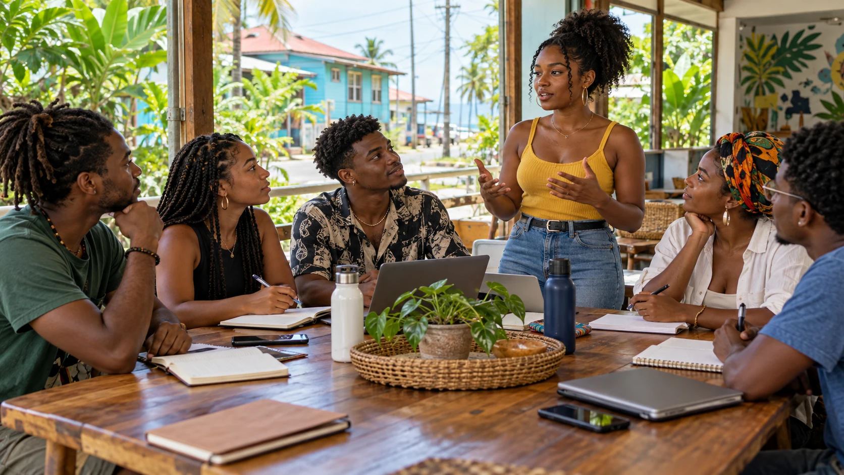 Scène fictive de jeunes adultes afro-costariciens discutant avec une facilitatrice dans une salle associative à Limón.