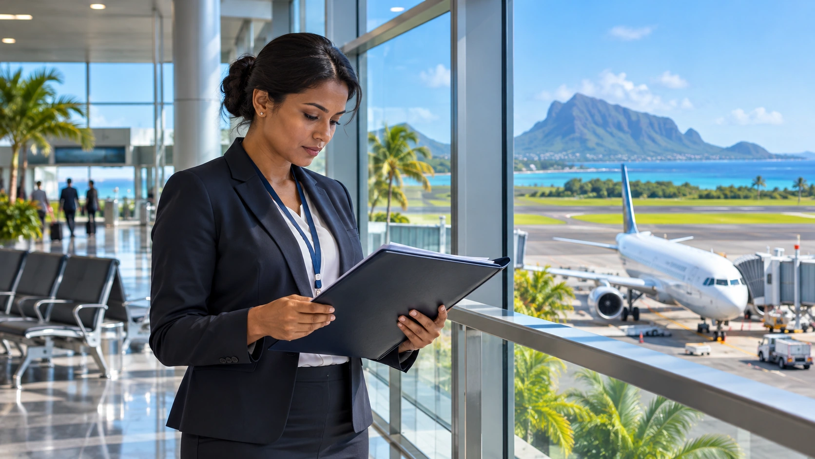 Professionnelle mauricienne fictive de l’aviation civile dans un terminal conceptuel, près d’un dossier fermé.