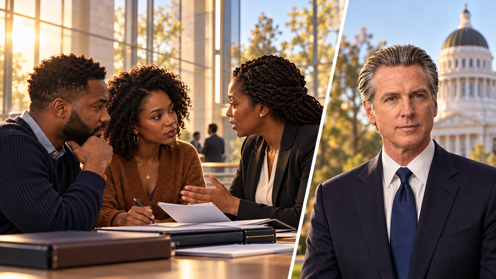 Montage conceptuel associant un portrait de Gavin Newsom à une juriste noire et deux résidents noirs fictifs discutant d’un dossier.