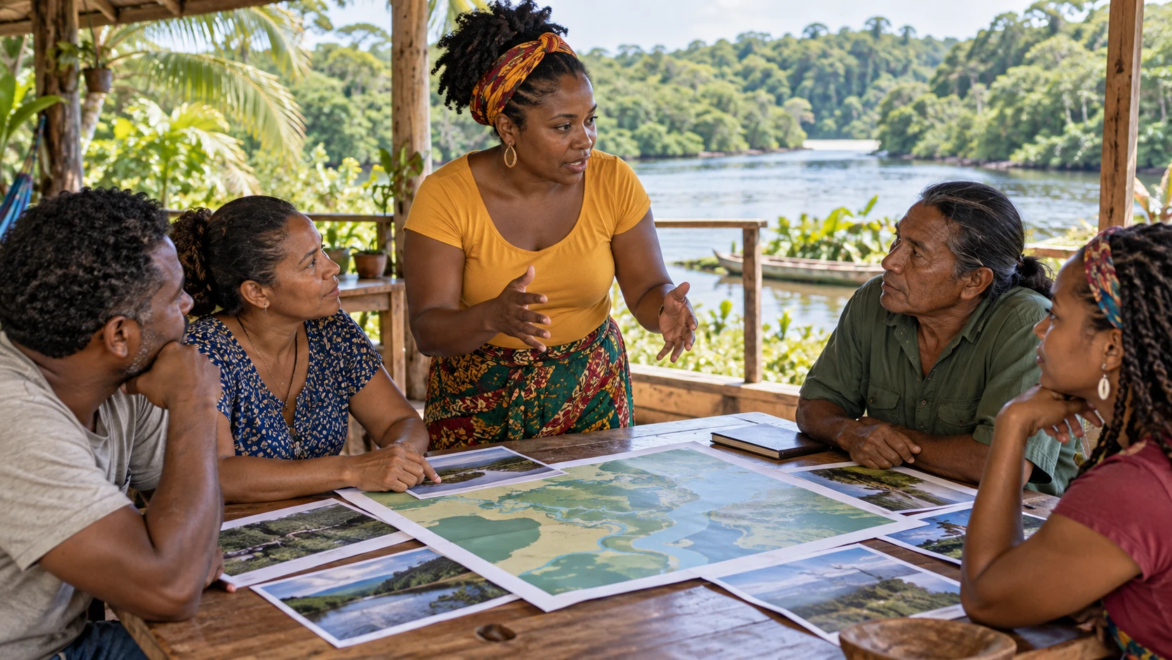 Scène fictive d’une discussion entre habitants Creole et Rama sur leurs droits territoriaux sur la côte caraïbe du Nicaragua.