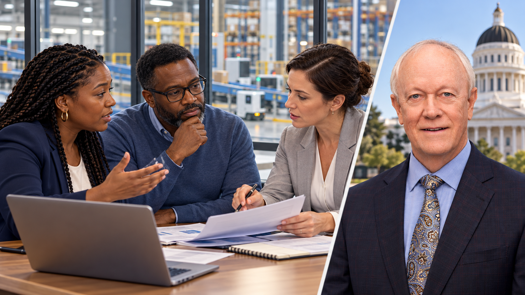 Montage conceptuel associant un portrait de Jerry McNerney à une salariée noire, un représentant du personnel noir et une responsable des ressources humaines fictifs.