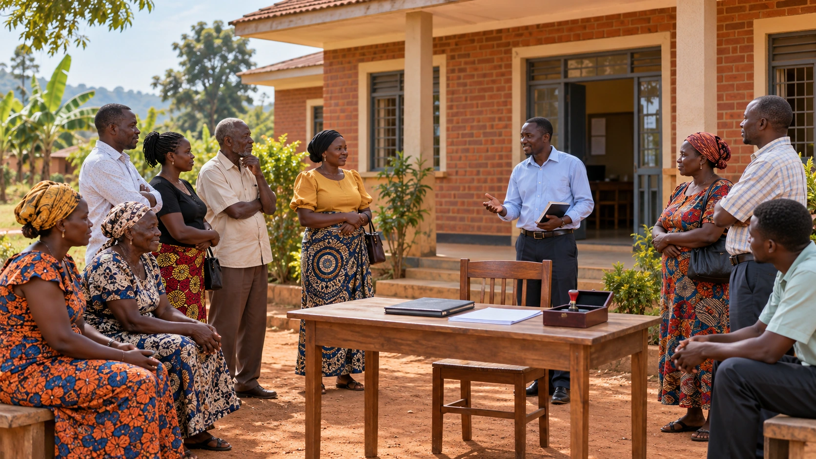 Scène fictive de gouvernance locale en Ouganda avec un siège vacant et des citoyens devant un bâtiment administratif.