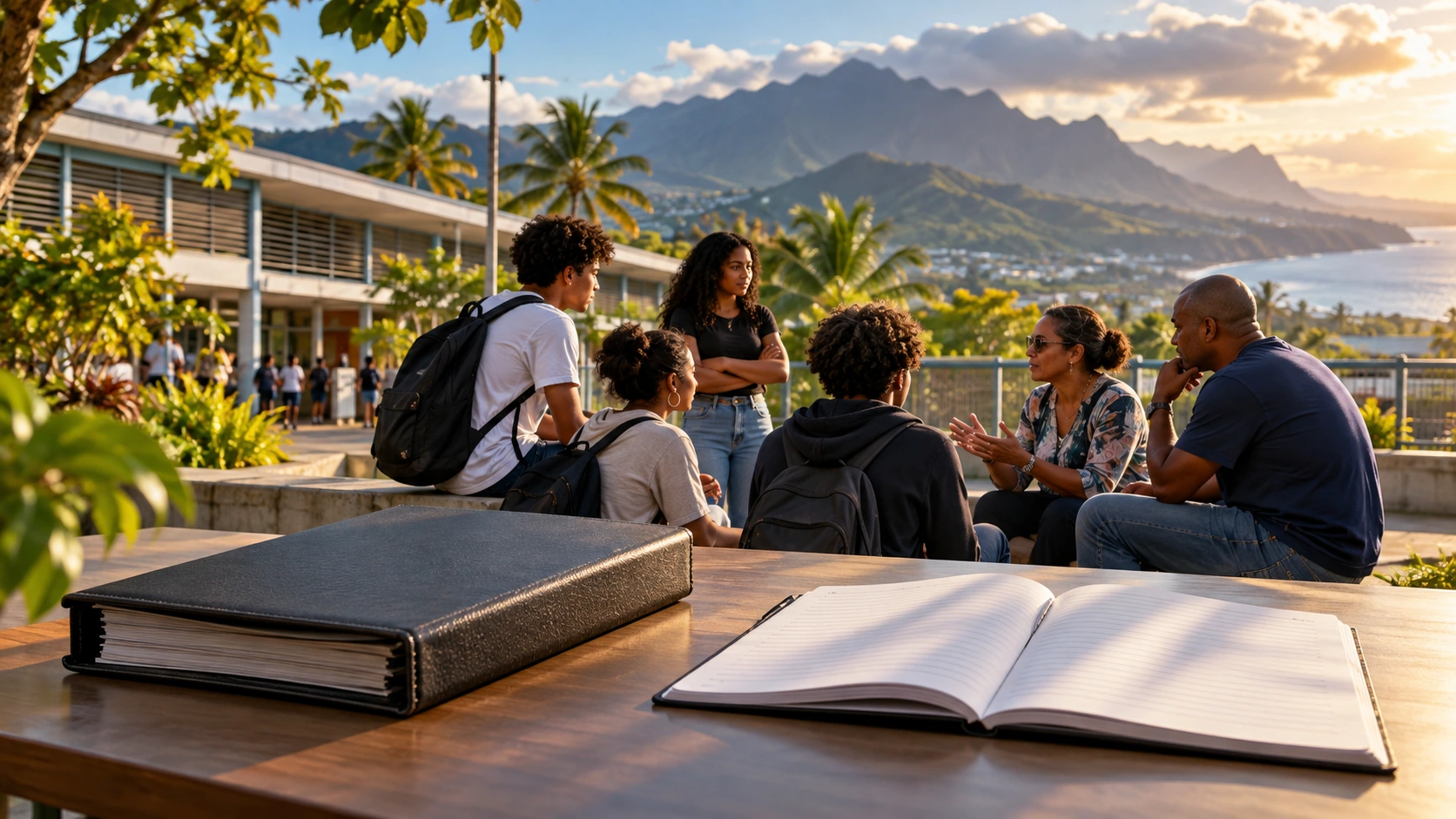 Composition conceptuelle à La Réunion avec un dossier juridique, un cahier vierge et une discussion entre jeunes et parents fictifs.