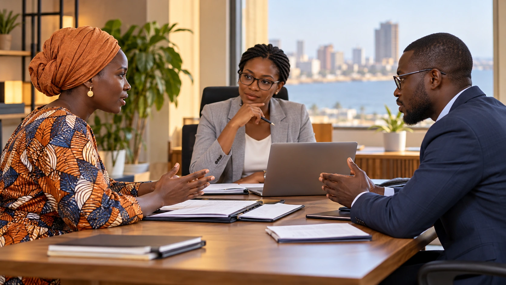Scène fictive de consultation professionnelle à Dakar entre deux travailleurs et une conseillère.