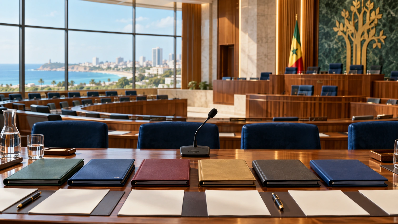 Composition conceptuelle de contrôle parlementaire au Sénégal : six dossiers fermés et un microphone dans une salle de commission.