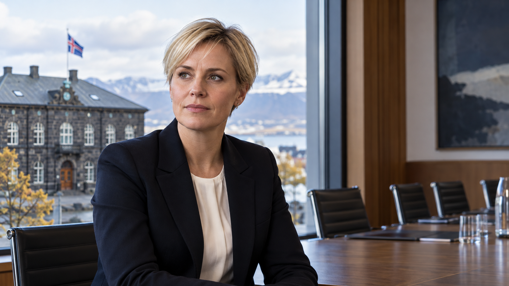 Portrait éditorial de synthèse de Kristrún Frostadóttir associé à une évocation conceptuelle de l’Althing pour une rétrospective de 2024.