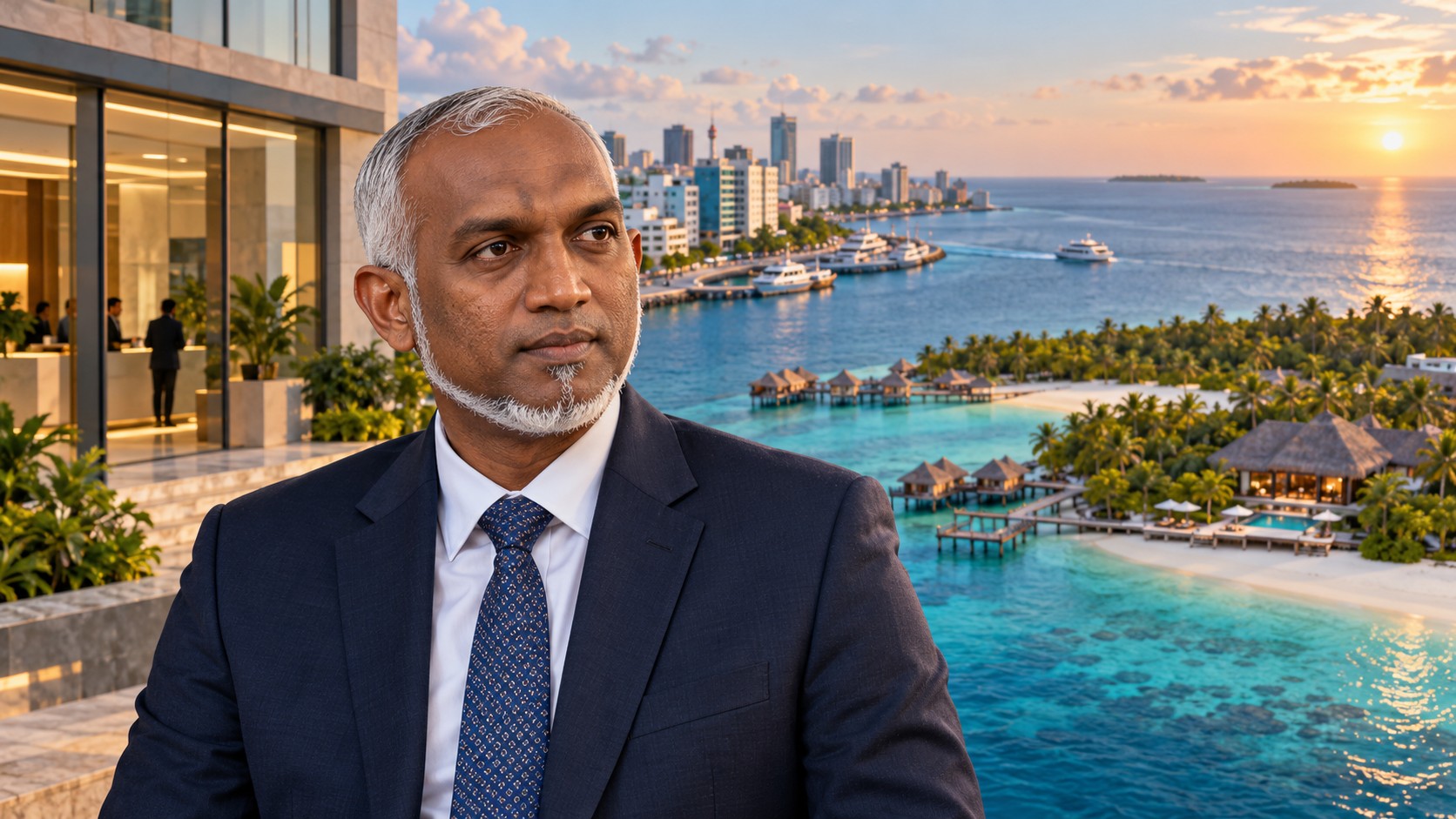 Portrait éditorial de Mohamed Muizzu devant une composition fictive évoquant les circuits financiers du tourisme à Malé.
