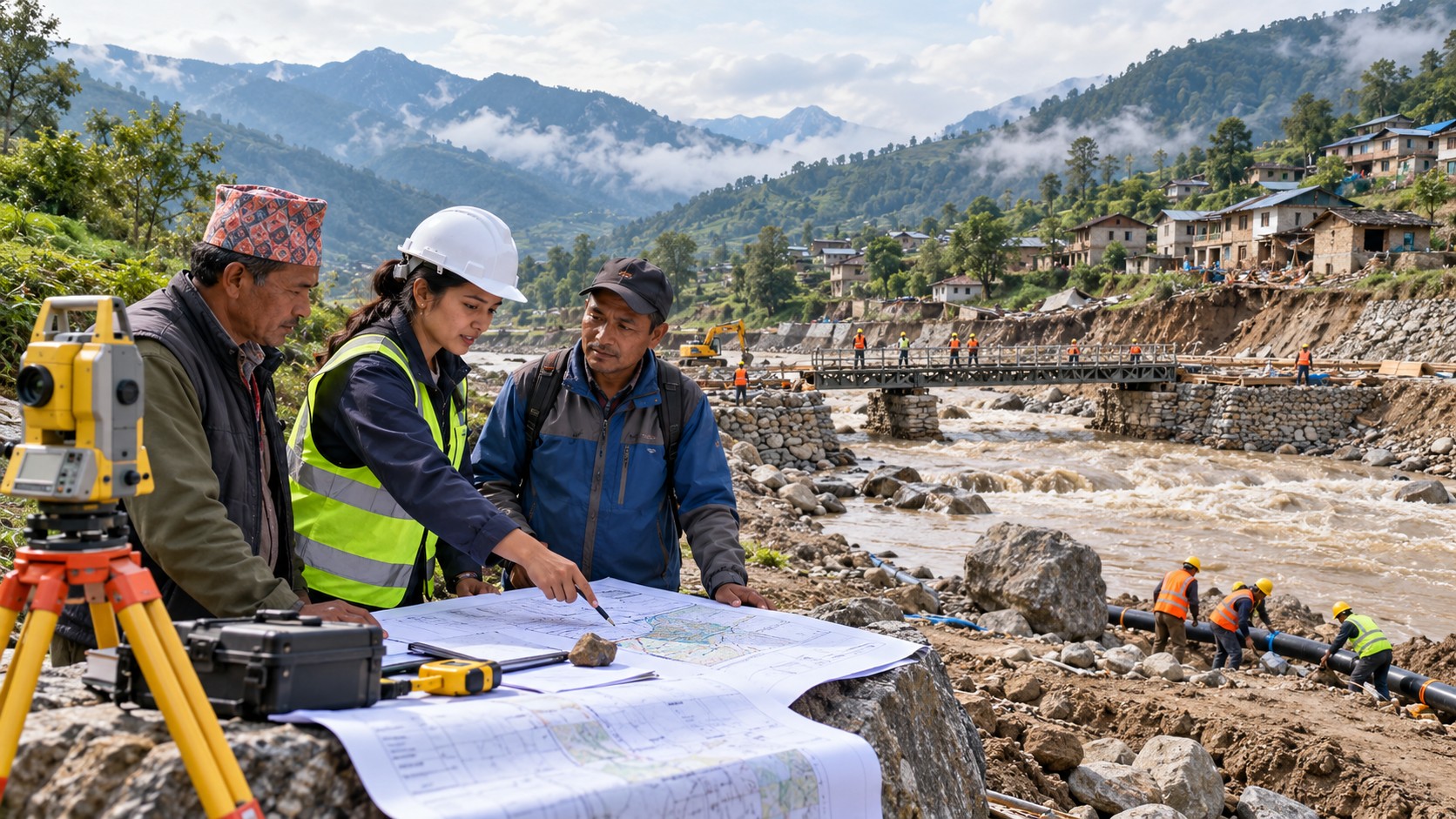 Une ingénieure et des représentants des habitants examinent une reconstruction fictive dans une vallée de Bagmati.