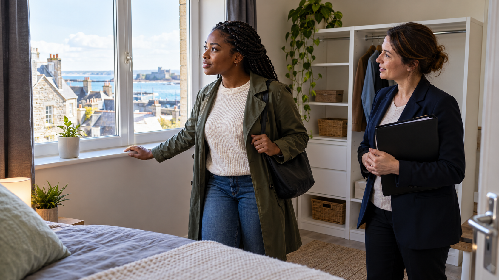 Illustration de synthèse : une salariée africaine et une conseillère échangent dans un logement du personnel entièrement fictif à Jersey.
