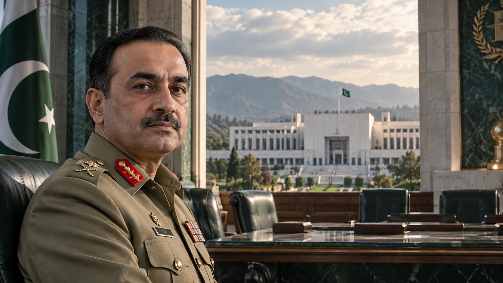 Portrait éditorial d’Asim Munir dans une composition fictive évoquant les institutions militaires et civiles pakistanaises.