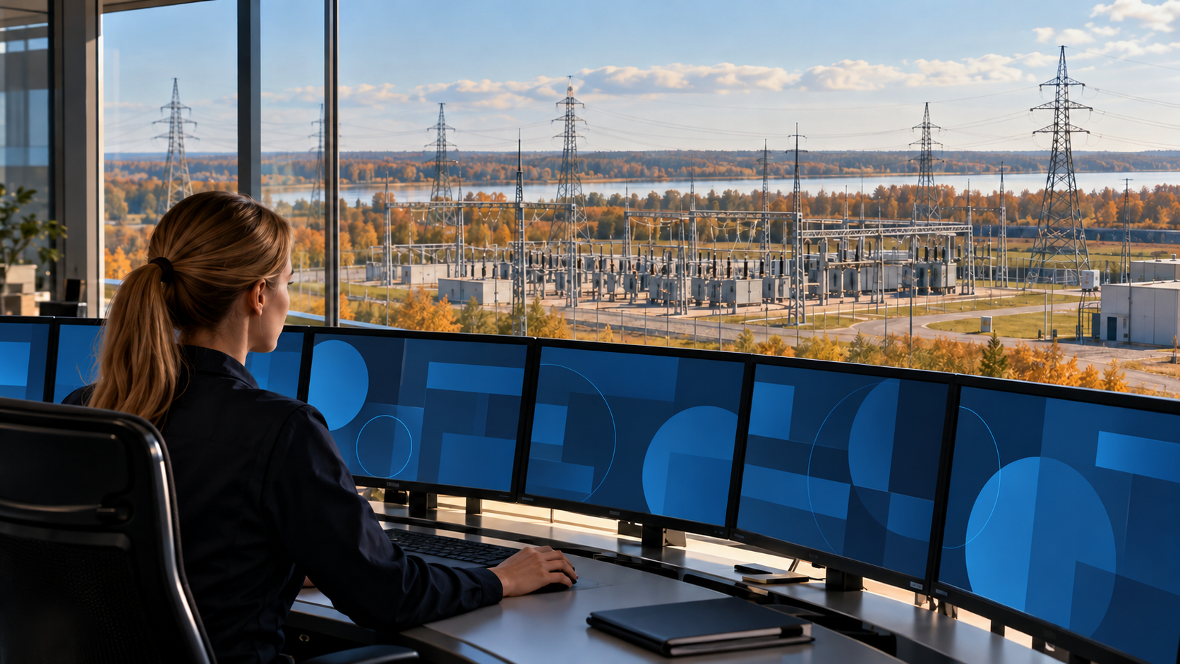 Illustration de synthèse : une ingénieure examine des équipements de réseau électrique dans un site balte fictif.