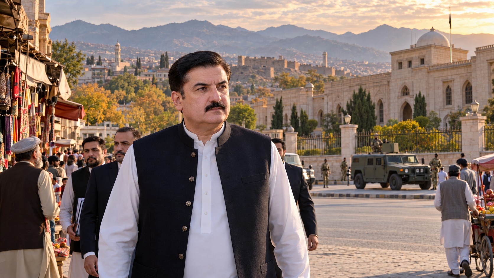 Portrait éditorial de Faisal Karim Kundi dans une composition fictive inspirée de Peshawar et du Khyber Pakhtunkhwa.