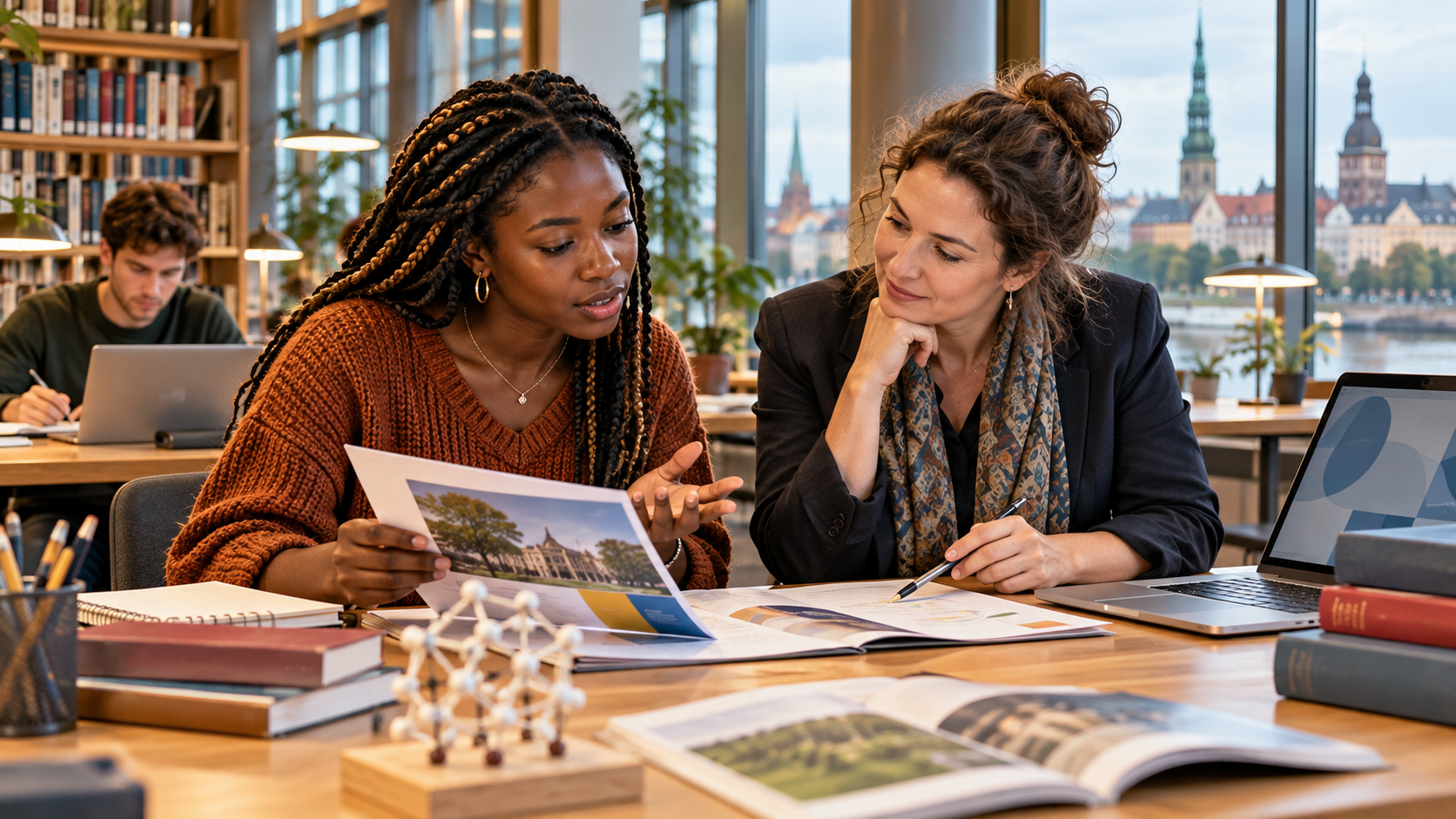 Illustration de synthèse : une étudiante africaine échange avec un camarade et une conseillère dans une université lettone fictive.