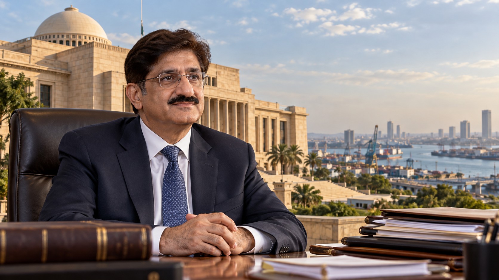 Portrait éditorial de Murad Ali Shah devant une évocation fictive de l’Assemblée du Sind et de Karachi.