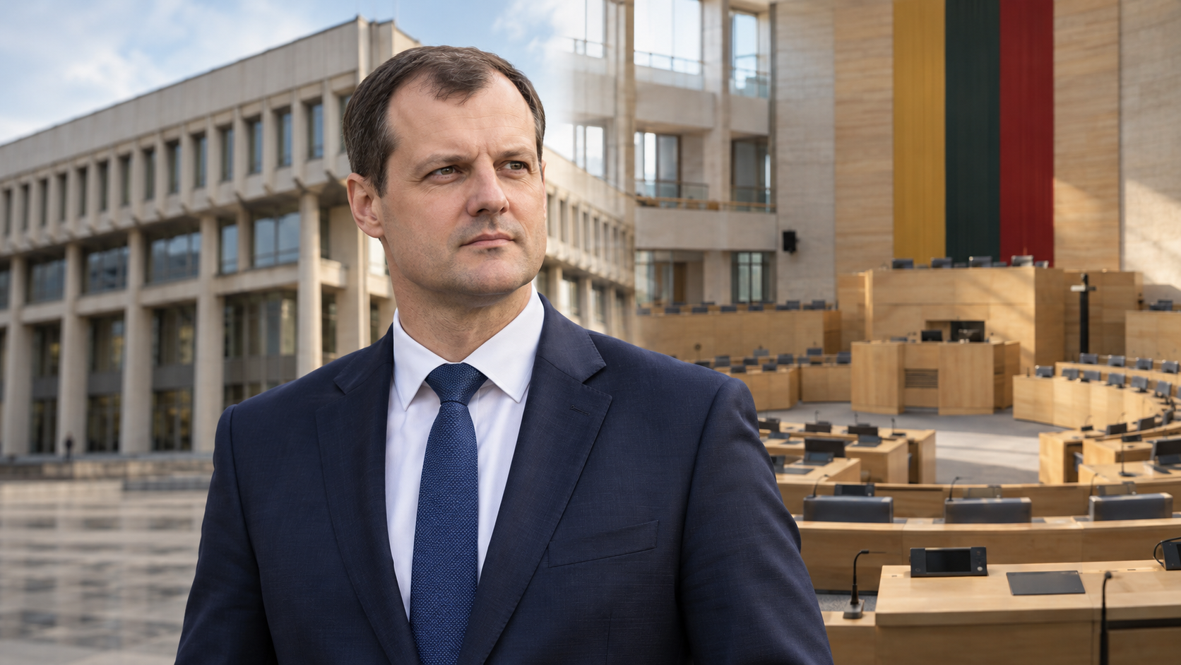 Portrait éditorial de synthèse de Gintautas Paluckas associé à une évocation conceptuelle du Seimas pour une rétrospective de sa coalition de 2024.