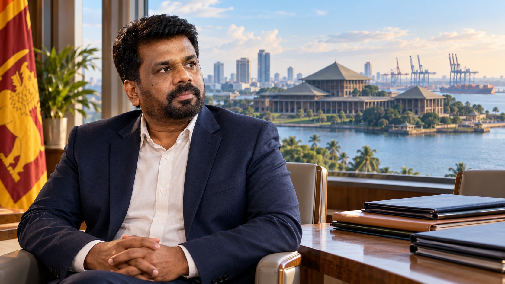 Portrait éditorial d’Anura Kumara Dissanayake dans une composition fictive évoquant le sommet économique et le Parlement sri-lankais.