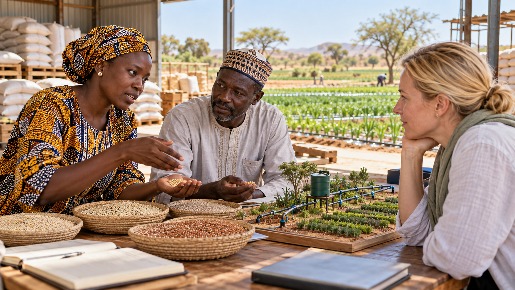 Illustration de synthèse : des responsables agricoles africains discutent de leurs priorités avec une partenaire norvégienne dans une coopérative sahélienne fictive.