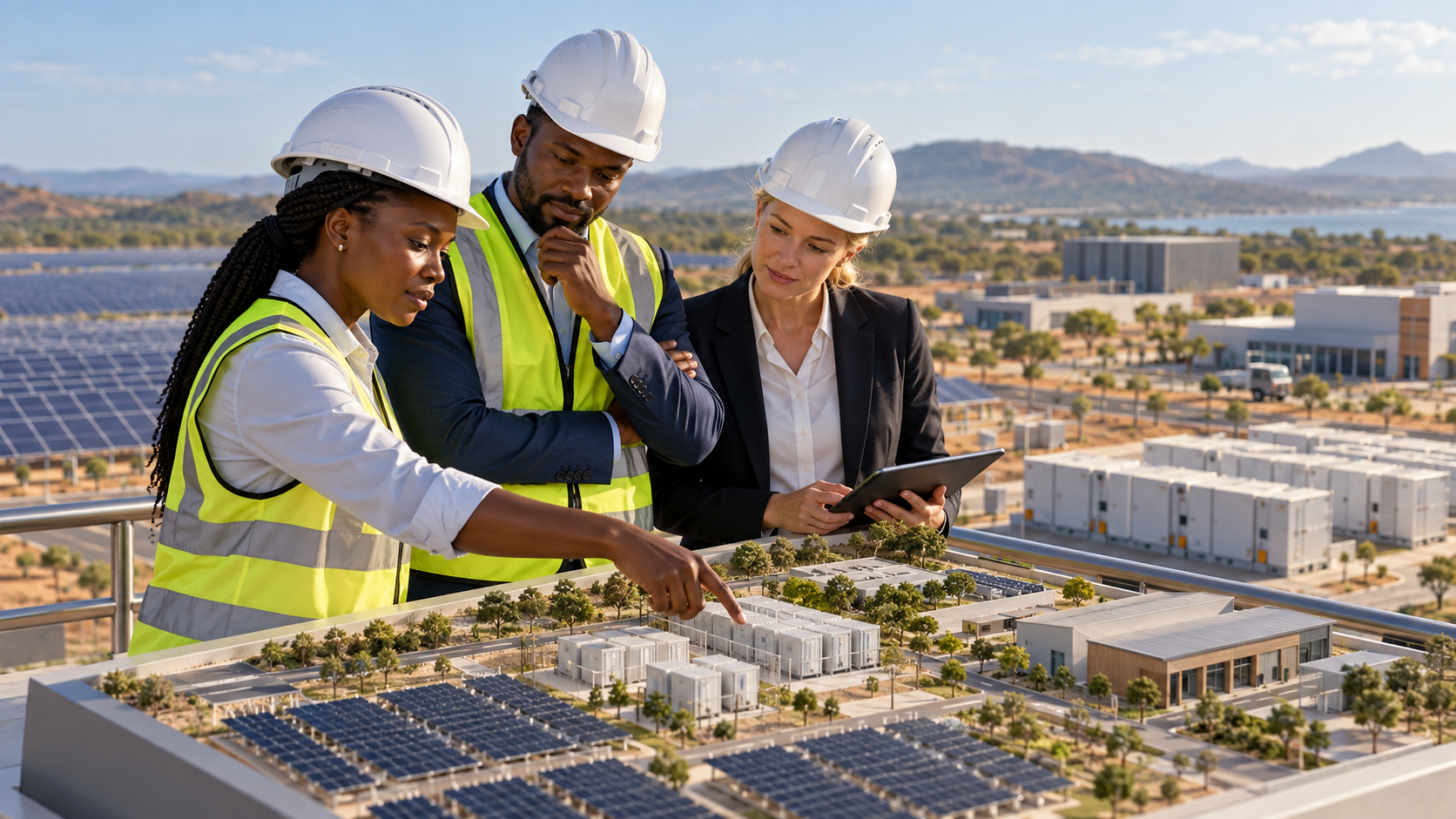 Illustration de synthèse : des responsables africains de projet examinent une installation solaire avec une partenaire financière norvégienne sur un site fictif.