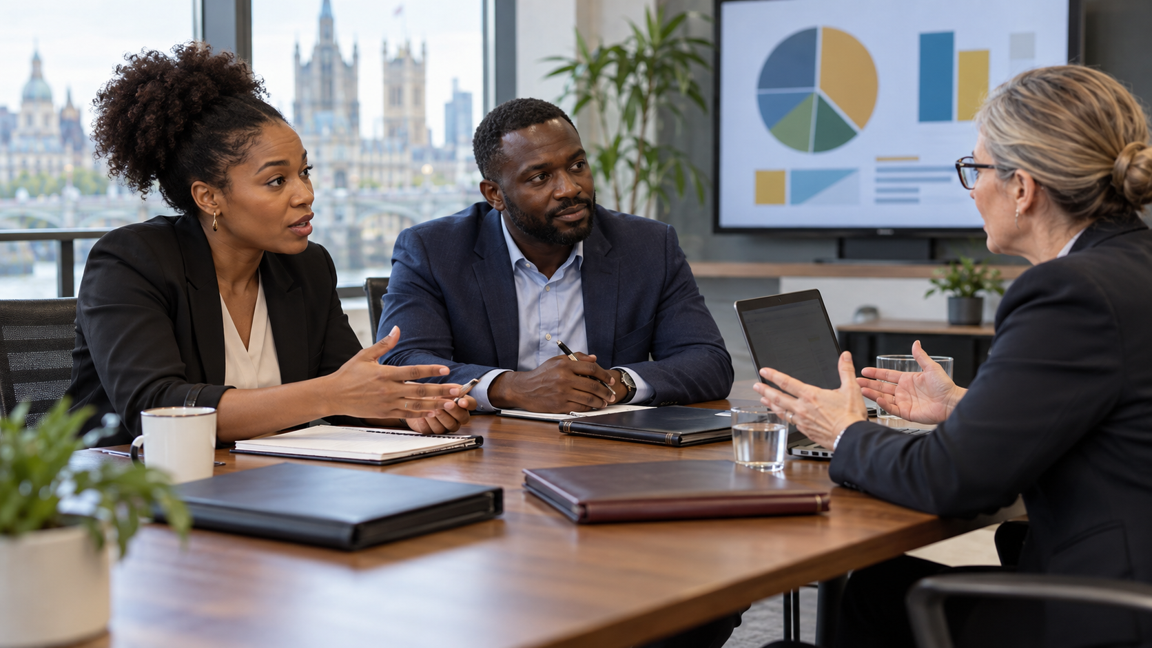 Illustration de synthèse : des salariés afrodescendants échangent avec une représentante syndicale dans une salle professionnelle britannique fictive.
