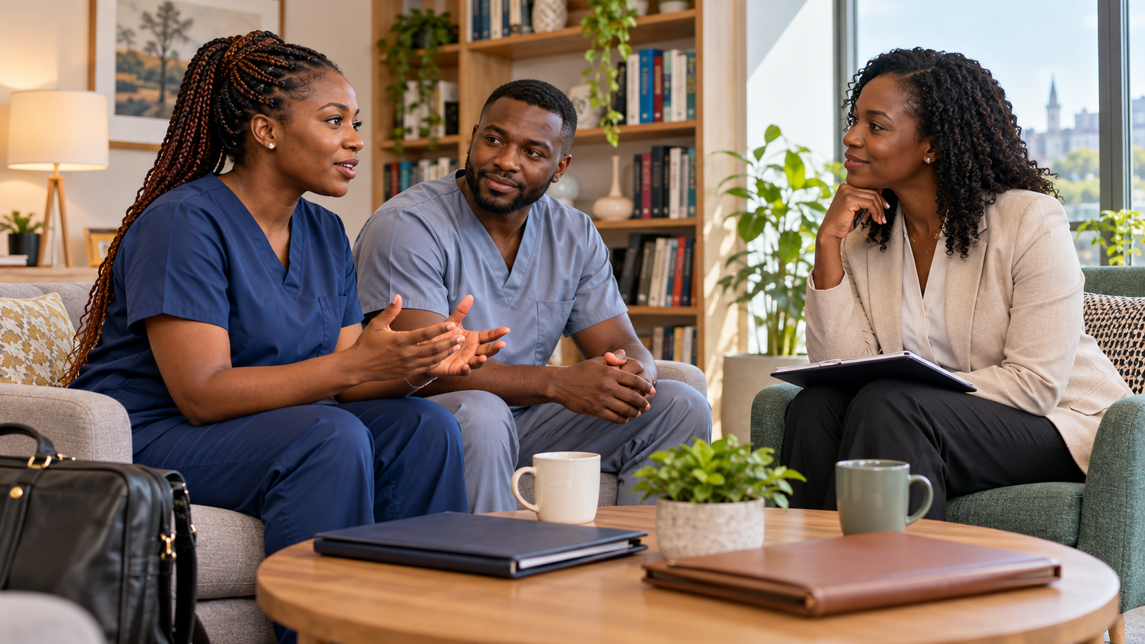 Illustration de synthèse : deux professionnels africains discutent de leurs perspectives de carrière avec une conseillère dans un espace médico-social britannique fictif.