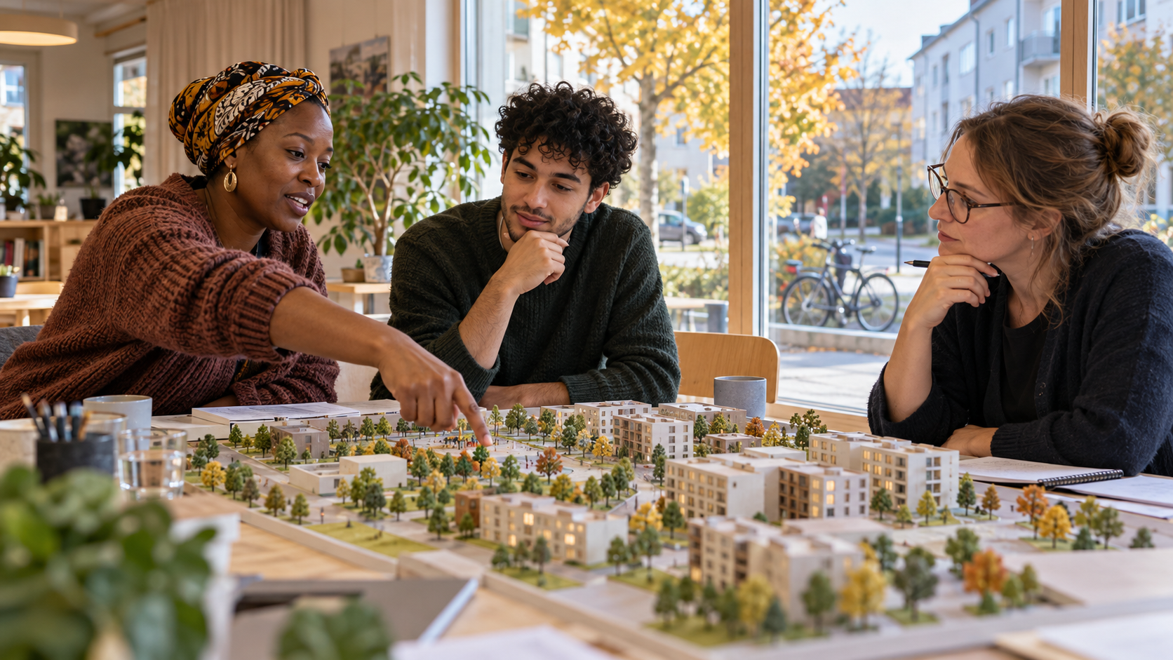Illustration de synthèse : des habitants et une chercheuse examinent une maquette urbaine dans une maison de quartier suédoise fictive.