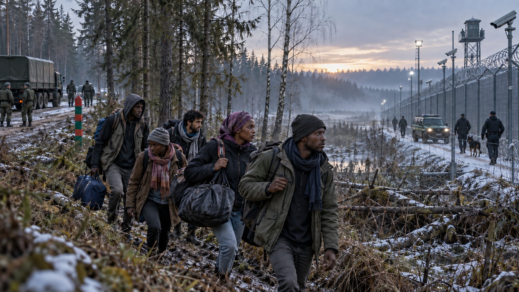 Scène fictive : un petit groupe de voyageurs chemine dans une forêt près des dispositifs de la frontière biélorusse et européenne.