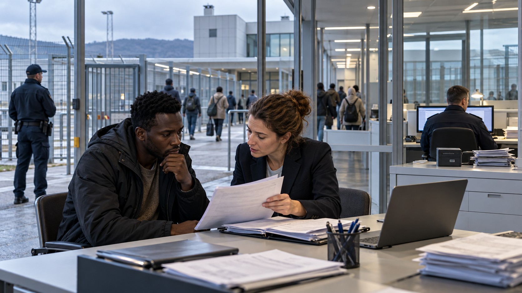 Dans un centre frontalier fictif, un demandeur de protection consulte son dossier avec une conseillère juridique.