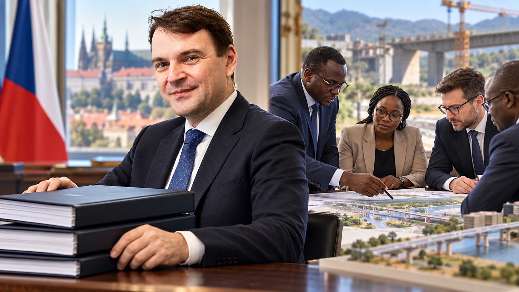 Montage conceptuel : portrait de Petr Macinka associé à une scène fictive de coopération professionnelle entre partenaires africains et tchèques.