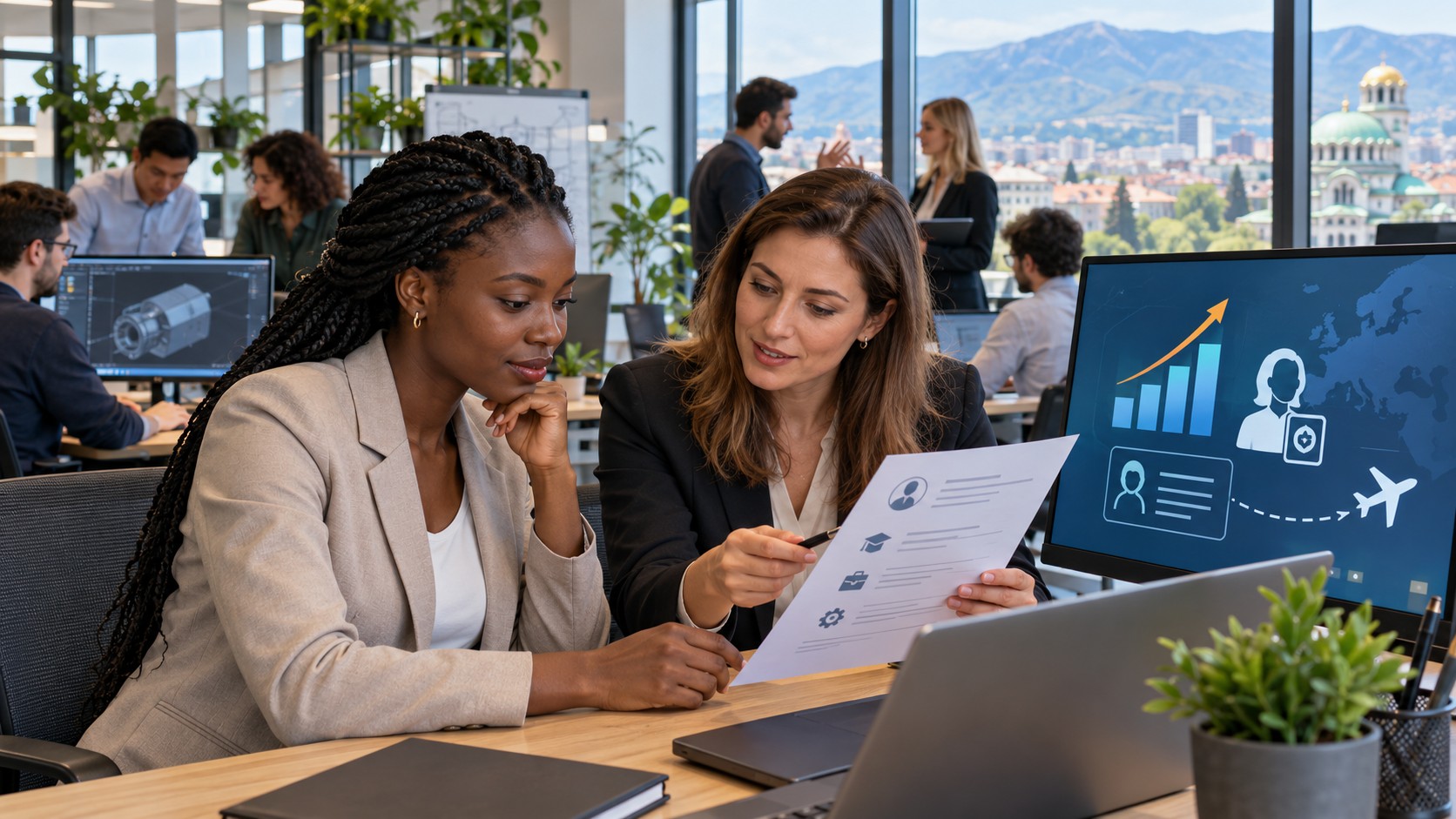 Scène fictive dans un bureau technologique de Sofia : une professionnelle africaine examine une offre avec une recruteuse bulgare.