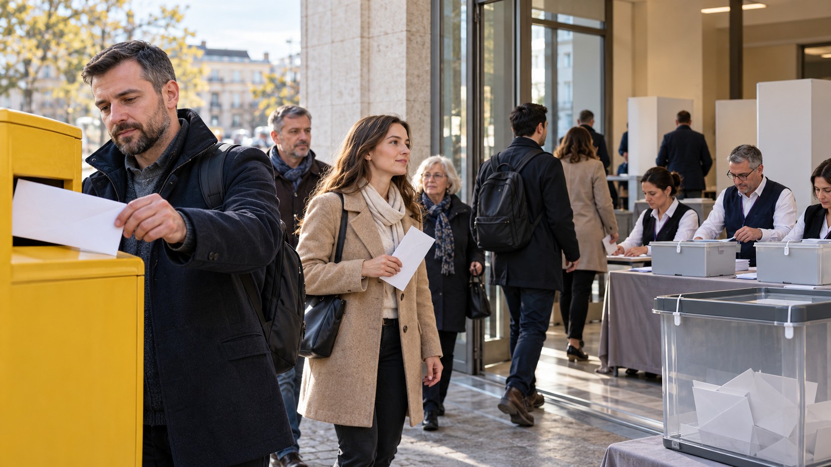 Scène civique fictive : des membres de la diaspora moldave participent au vote postal et se rendent dans un bureau de vote.