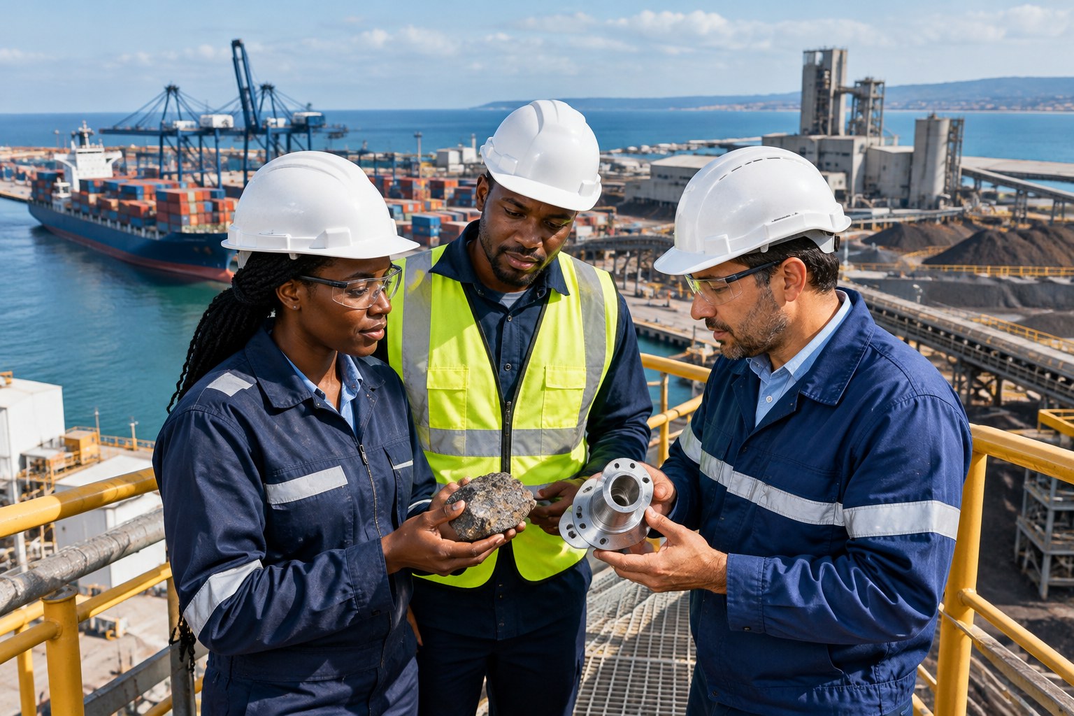 Illustration de synthèse : des spécialistes africains et brésiliens examinent un minerai et une pièce industrielle dans un port de l’Atlantique Sud. Scène fictive générée par IA.